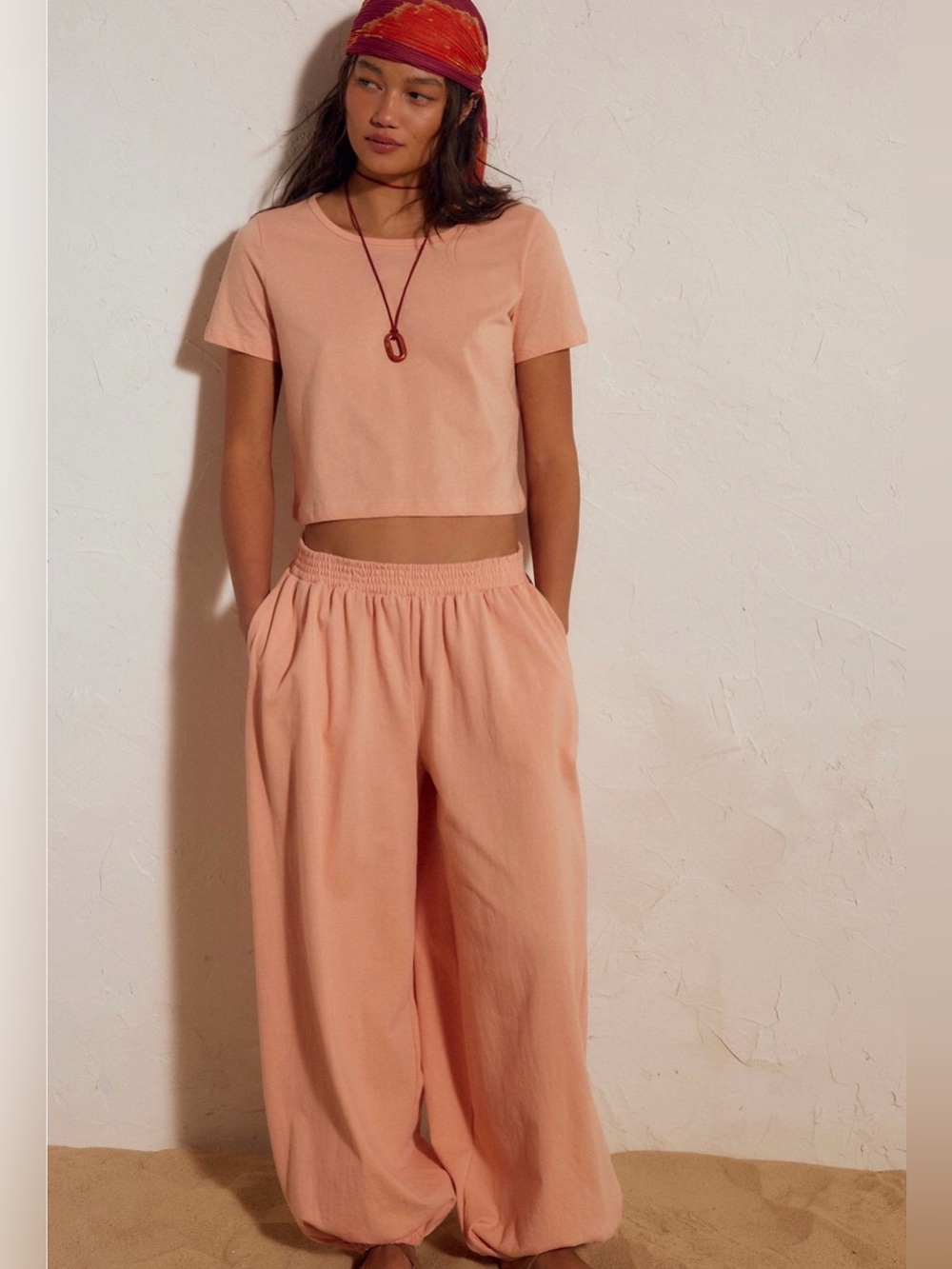 Free people movement Stella cotton-Jersey pant set- coral pink NWT $98